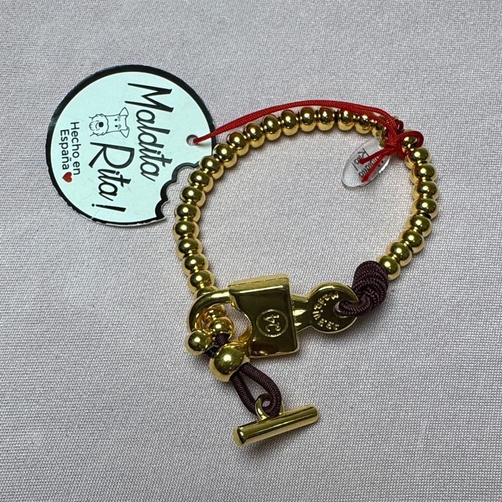Gold Beaded Bracelet with Brown Cord